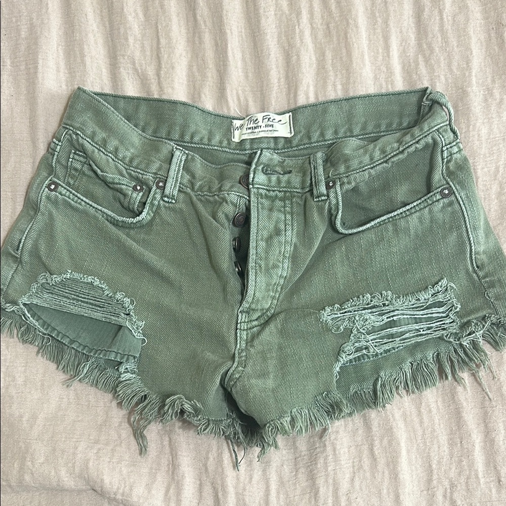 Free People Green Distressed Jean Shorts